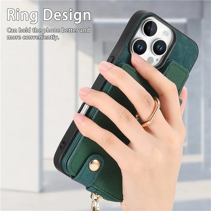 For iPhone 16 Pro Case Zipper Pocket Kickstand Leather Phone Back Cover
