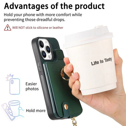 For iPhone 16 Pro Case Zipper Pocket Kickstand Leather Phone Back Cover