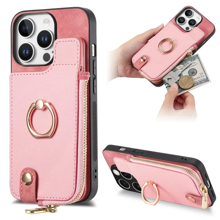 For iPhone 16 Pro Case Zipper Pocket Kickstand Leather Phone Back Cover