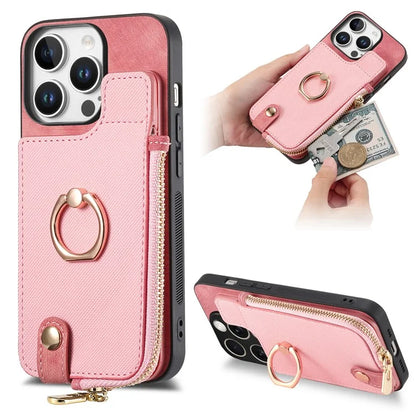 For iPhone 16 Pro Case Zipper Pocket Kickstand Leather Phone Back Cover