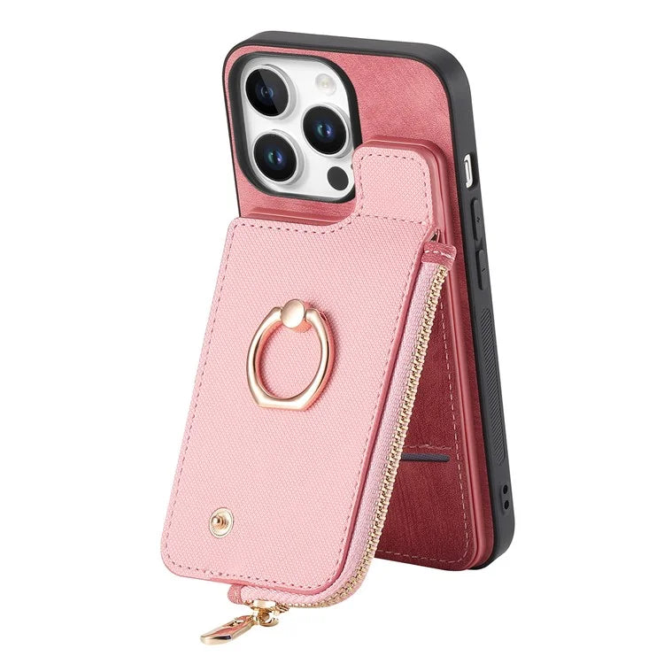For iPhone 16 Pro Case Zipper Pocket Kickstand Leather Phone Back Cover