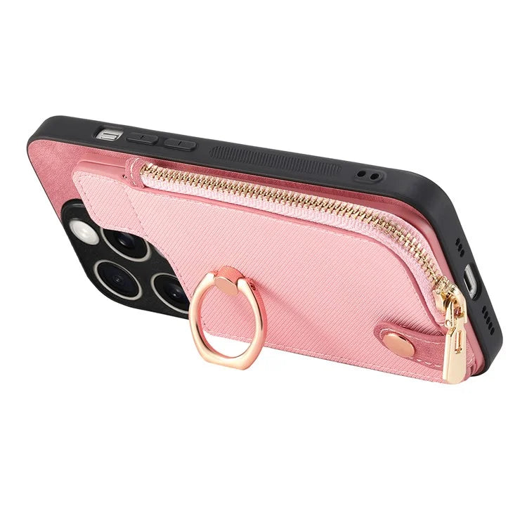 For iPhone 16 Pro Case Zipper Pocket Kickstand Leather Phone Back Cover