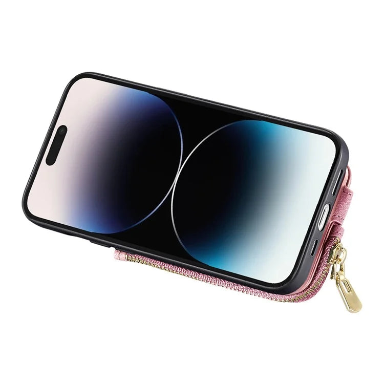 For iPhone 16 Pro Case Zipper Pocket Kickstand Leather Phone Back Cover