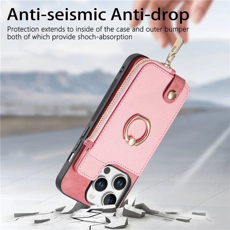 For iPhone 16 Pro Case Zipper Pocket Kickstand Leather Phone Back Cover