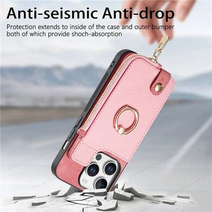 For iPhone 16 Pro Case Zipper Pocket Kickstand Leather Phone Back Cover