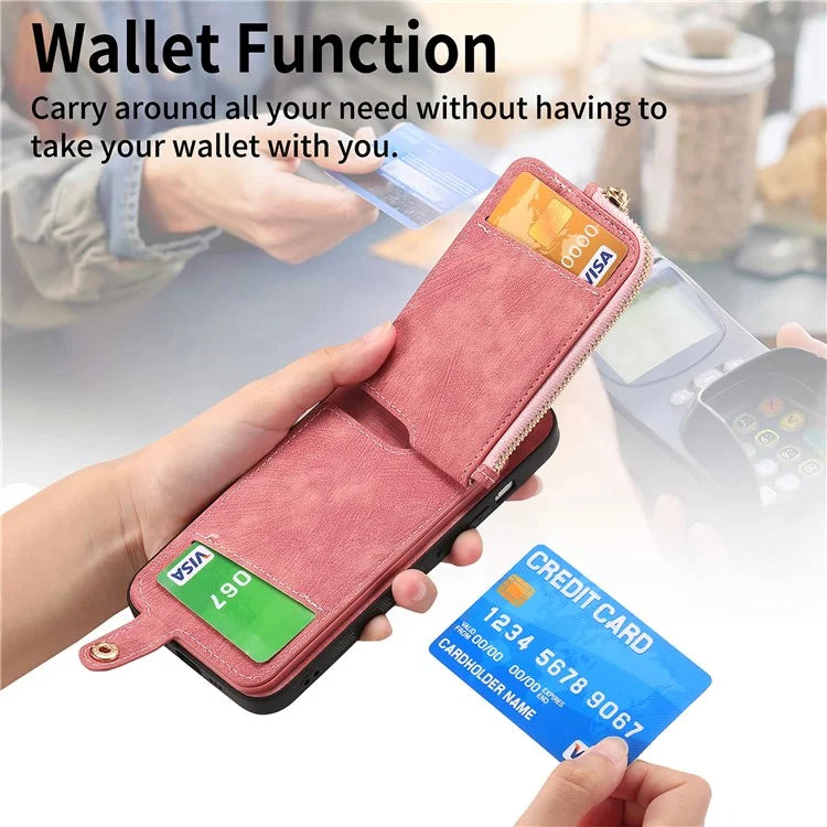 For iPhone 16 Pro Case Zipper Pocket Kickstand Leather Phone Back Cover