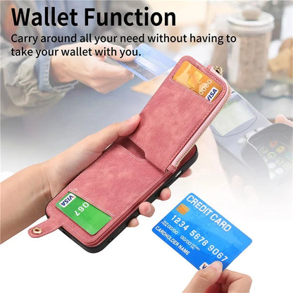 For iPhone 16 Pro Case Zipper Pocket Kickstand Leather Phone Back Cover