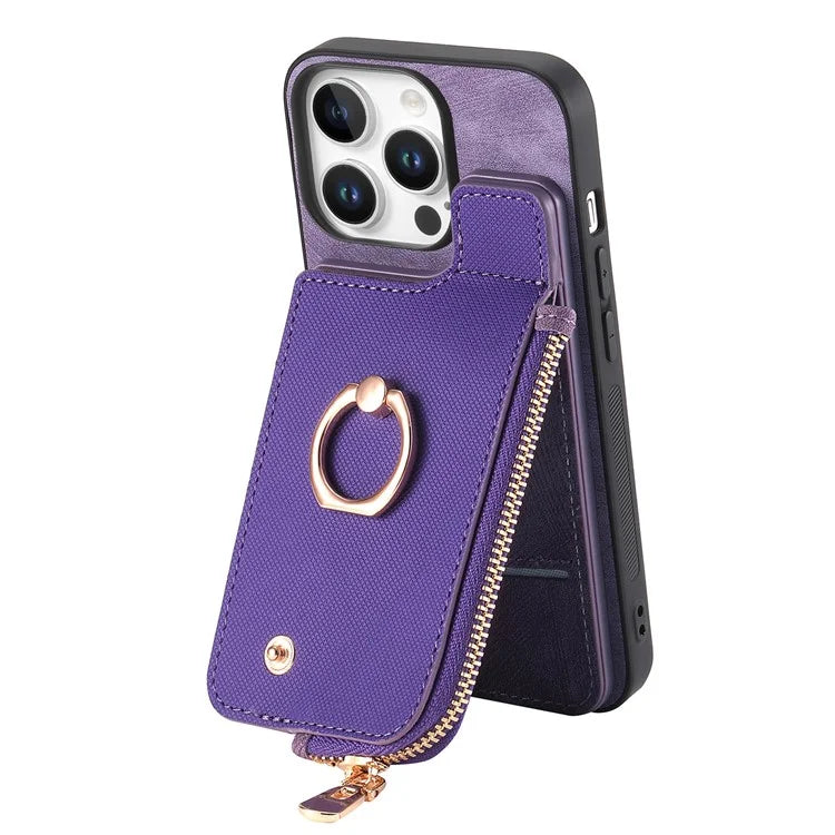 For iPhone 16 Pro Case Zipper Pocket Kickstand Leather Phone Back Cover