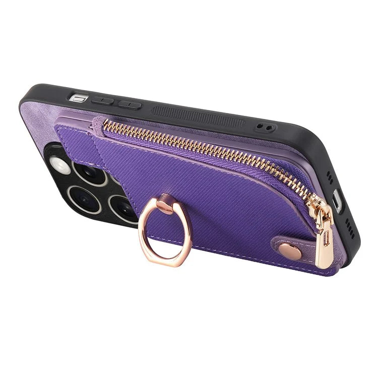 For iPhone 16 Pro Case Zipper Pocket Kickstand Leather Phone Back Cover
