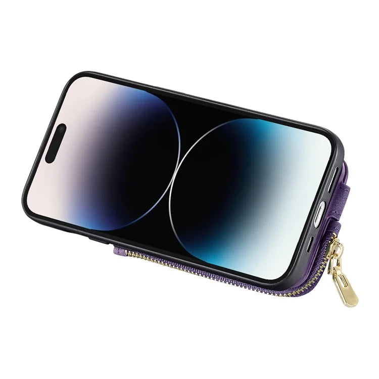 For iPhone 16 Pro Case Zipper Pocket Kickstand Leather Phone Back Cover