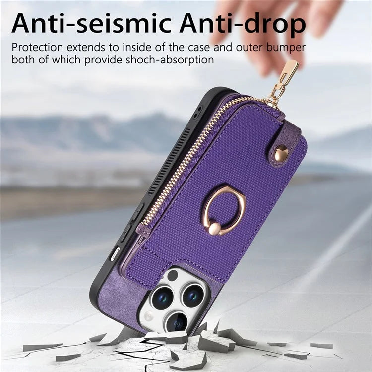 For iPhone 16 Pro Case Zipper Pocket Kickstand Leather Phone Back Cover