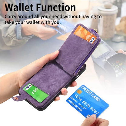For iPhone 16 Pro Case Zipper Pocket Kickstand Leather Phone Back Cover
