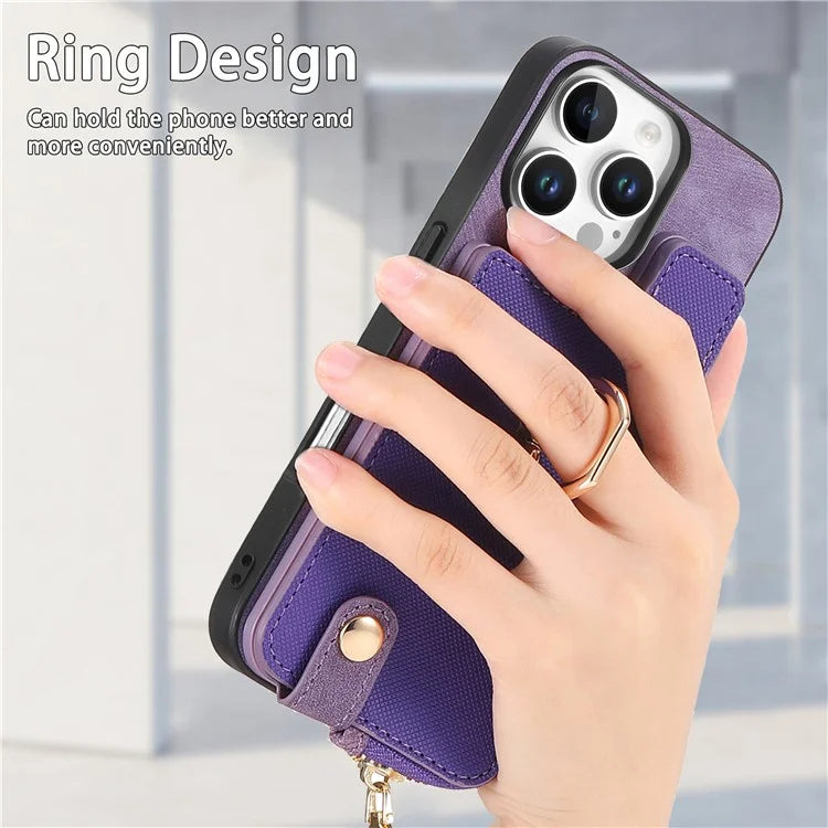 For iPhone 16 Pro Case Zipper Pocket Kickstand Leather Phone Back Cover