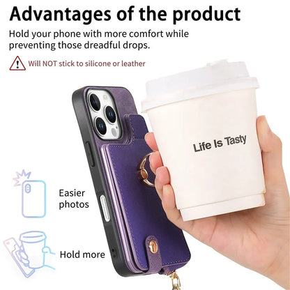 For iPhone 16 Pro Case Zipper Pocket Kickstand Leather Phone Back Cover