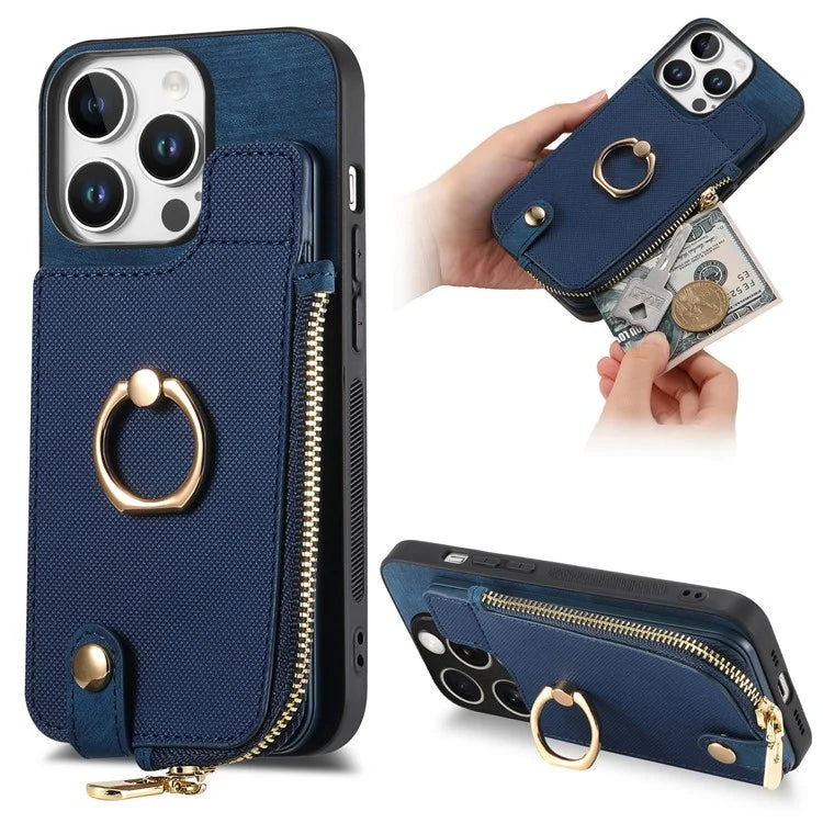 For iPhone 16 Pro Case Zipper Pocket Kickstand Leather Phone Back Cover