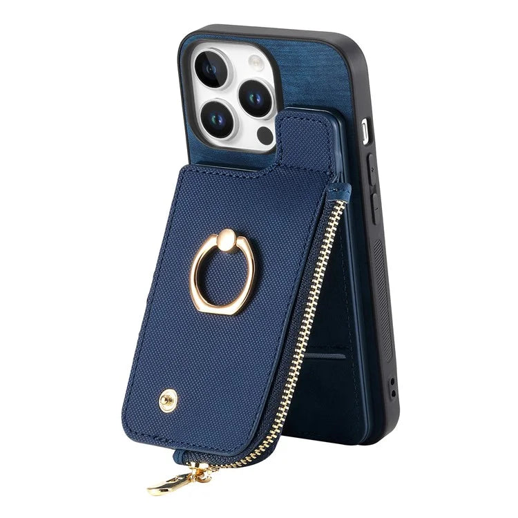For iPhone 16 Pro Case Zipper Pocket Kickstand Leather Phone Back Cover