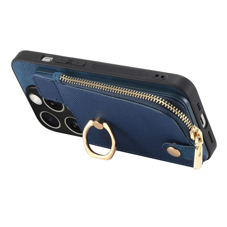 For iPhone 16 Pro Case Zipper Pocket Kickstand Leather Phone Back Cover
