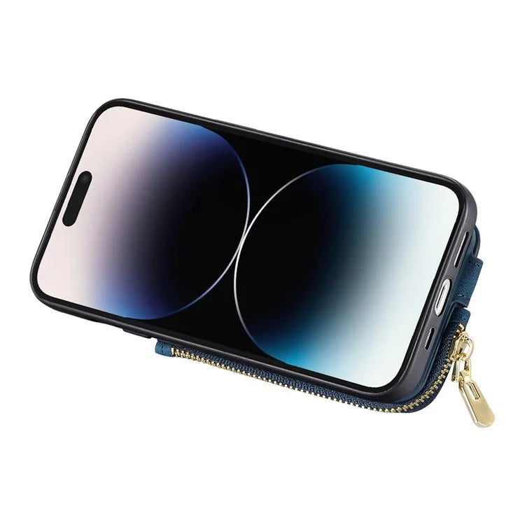 For iPhone 16 Pro Case Zipper Pocket Kickstand Leather Phone Back Cover