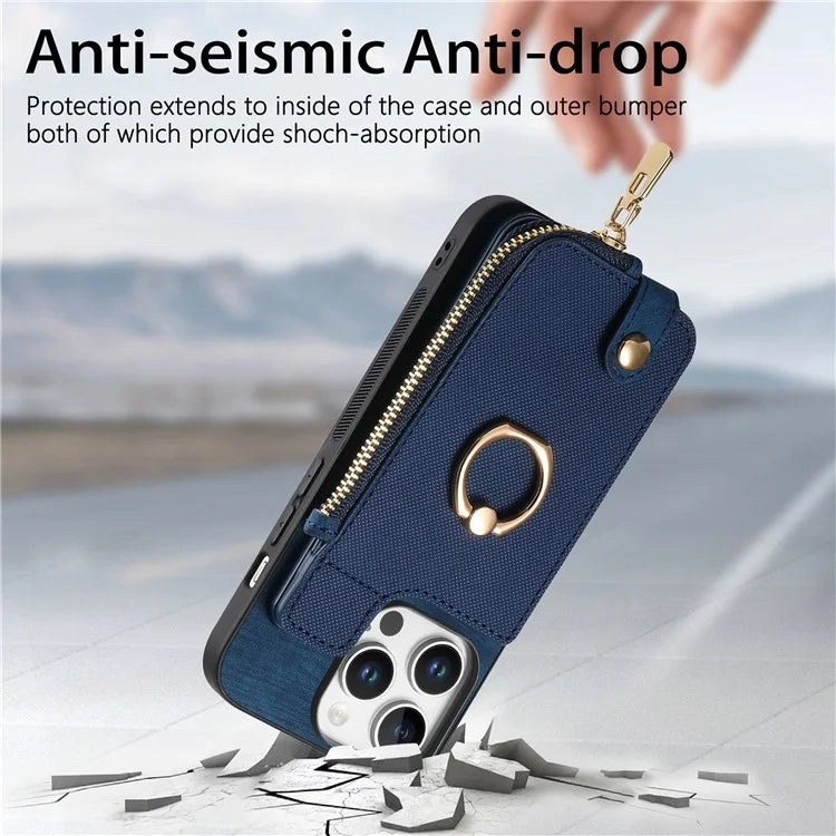 For iPhone 16 Pro Case Zipper Pocket Kickstand Leather Phone Back Cover