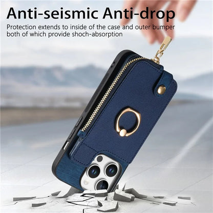 For iPhone 16 Pro Case Zipper Pocket Kickstand Leather Phone Back Cover