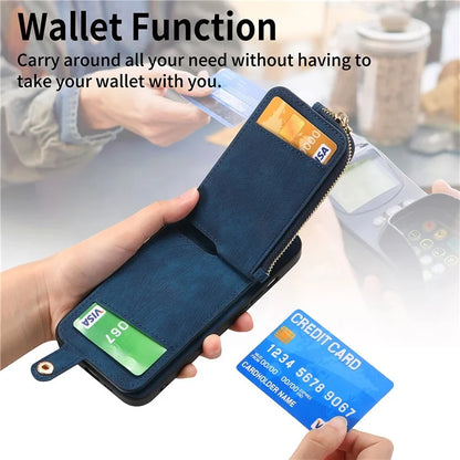 For iPhone 16 Pro Case Zipper Pocket Kickstand Leather Phone Back Cover