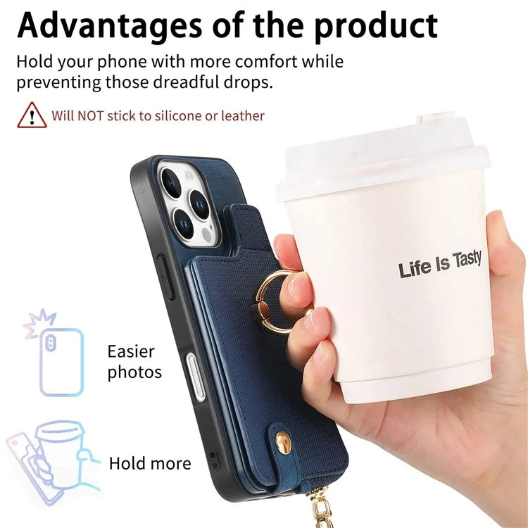 For iPhone 16 Pro Case Zipper Pocket Kickstand Leather Phone Back Cover