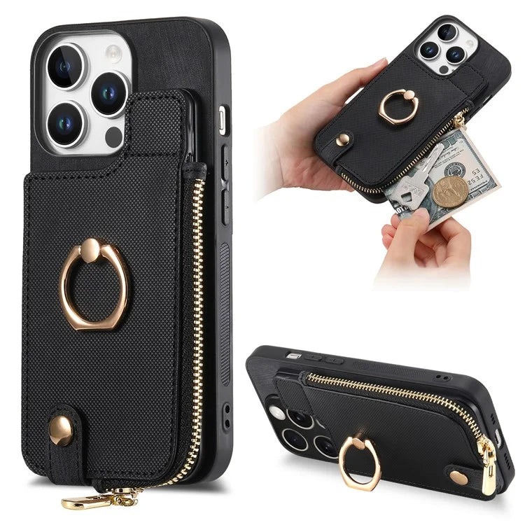 For iPhone 16 Pro Case Zipper Pocket Kickstand Leather Phone Back Cover