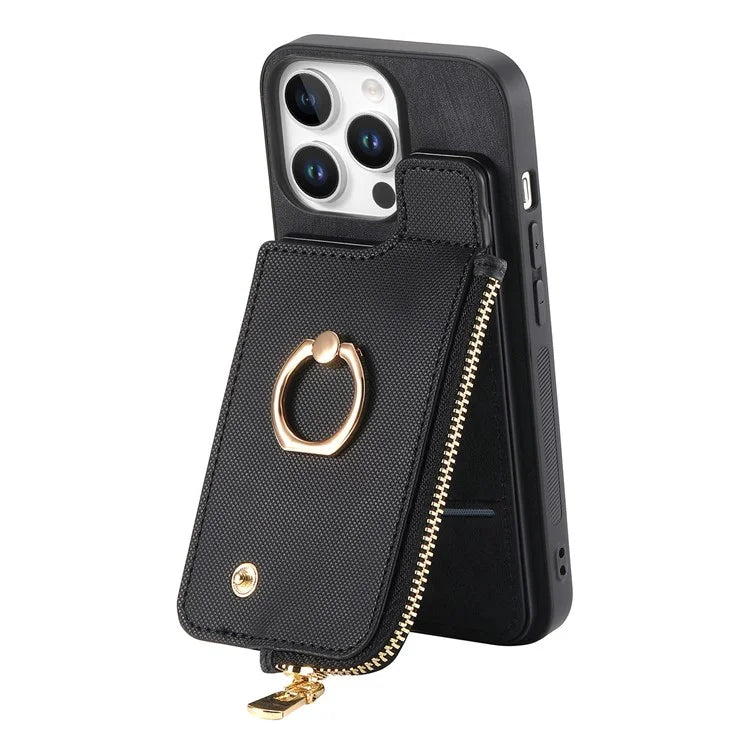 For iPhone 16 Pro Case Zipper Pocket Kickstand Leather Phone Back Cover