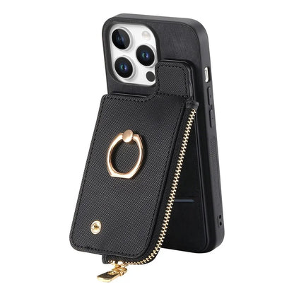 For iPhone 16 Pro Case Zipper Pocket Kickstand Leather Phone Back Cover
