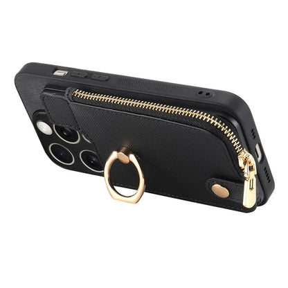 For iPhone 16 Pro Case Zipper Pocket Kickstand Leather Phone Back Cover