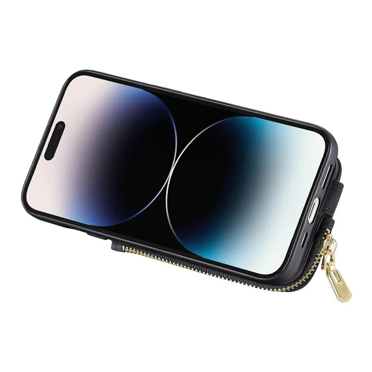 For iPhone 16 Pro Case Zipper Pocket Kickstand Leather Phone Back Cover