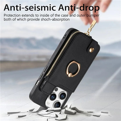 For iPhone 16 Pro Case Zipper Pocket Kickstand Leather Phone Back Cover