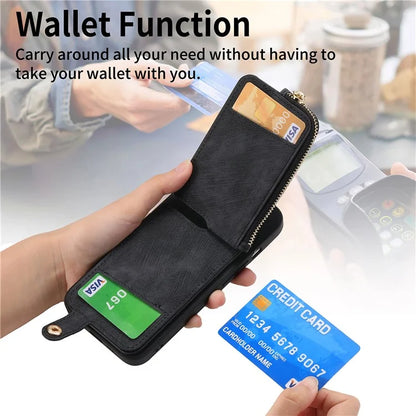 For iPhone 16 Pro Case Zipper Pocket Kickstand Leather Phone Back Cover