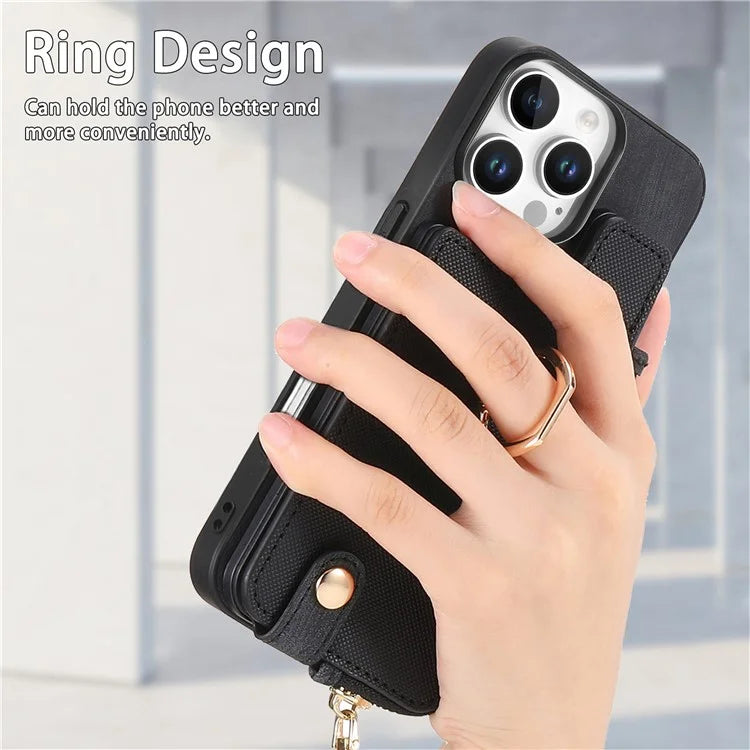 For iPhone 16 Pro Case Zipper Pocket Kickstand Leather Phone Back Cover