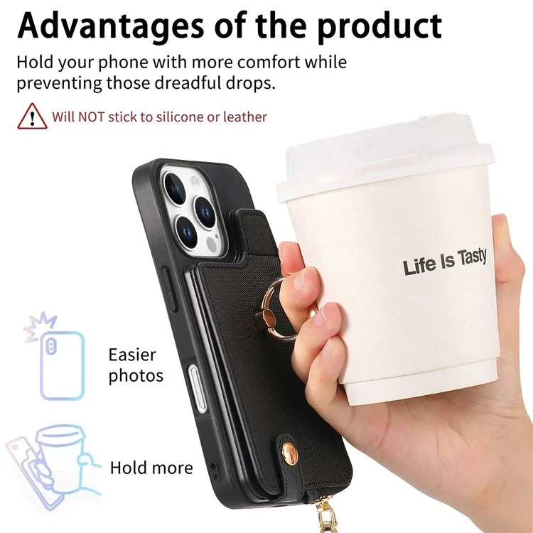 For iPhone 16 Pro Case Zipper Pocket Kickstand Leather Phone Back Cover