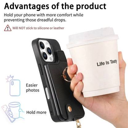For iPhone 16 Pro Case Zipper Pocket Kickstand Leather Phone Back Cover