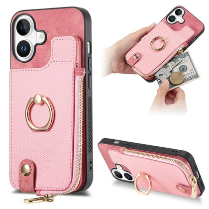 For iPhone 16 Plus Case Zipper Pocket Kickstand Leather Phone Back Cover