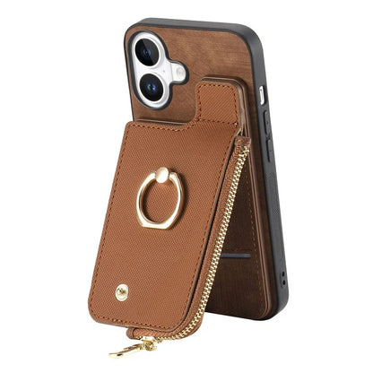 For iPhone 16 Plus Case Zipper Pocket Kickstand Leather Phone Back Cover