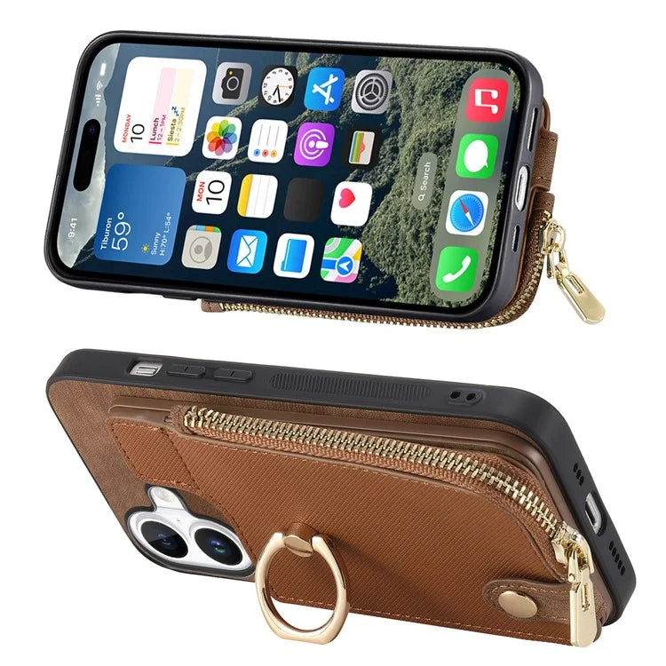 For iPhone 16 Plus Case Zipper Pocket Kickstand Leather Phone Back Cover