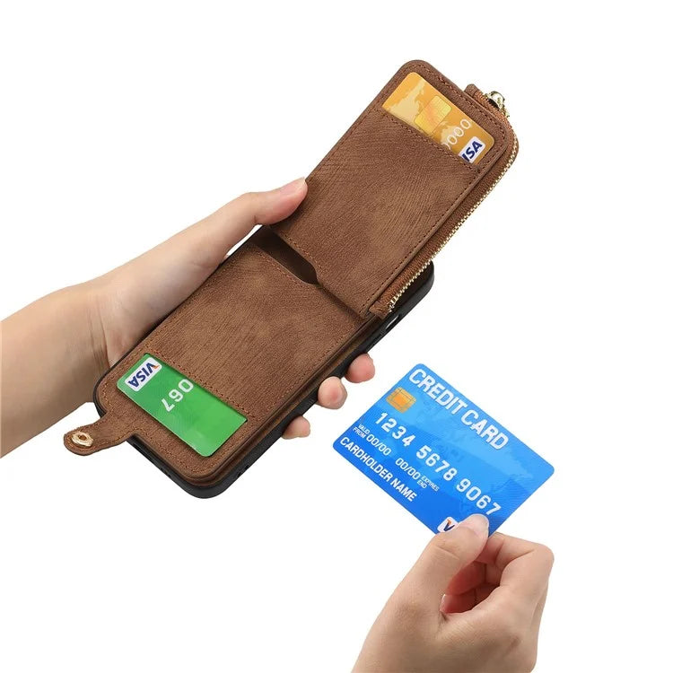 For iPhone 16 Plus Case Zipper Pocket Kickstand Leather Phone Back Cover
