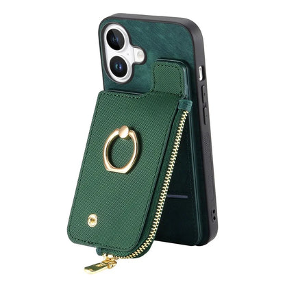 For iPhone 16 Plus Case Zipper Pocket Kickstand Leather Phone Back Cover