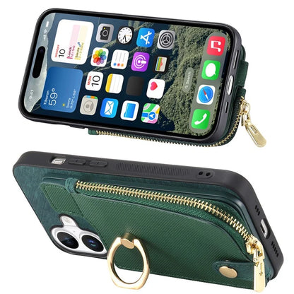 For iPhone 16 Plus Case Zipper Pocket Kickstand Leather Phone Back Cover