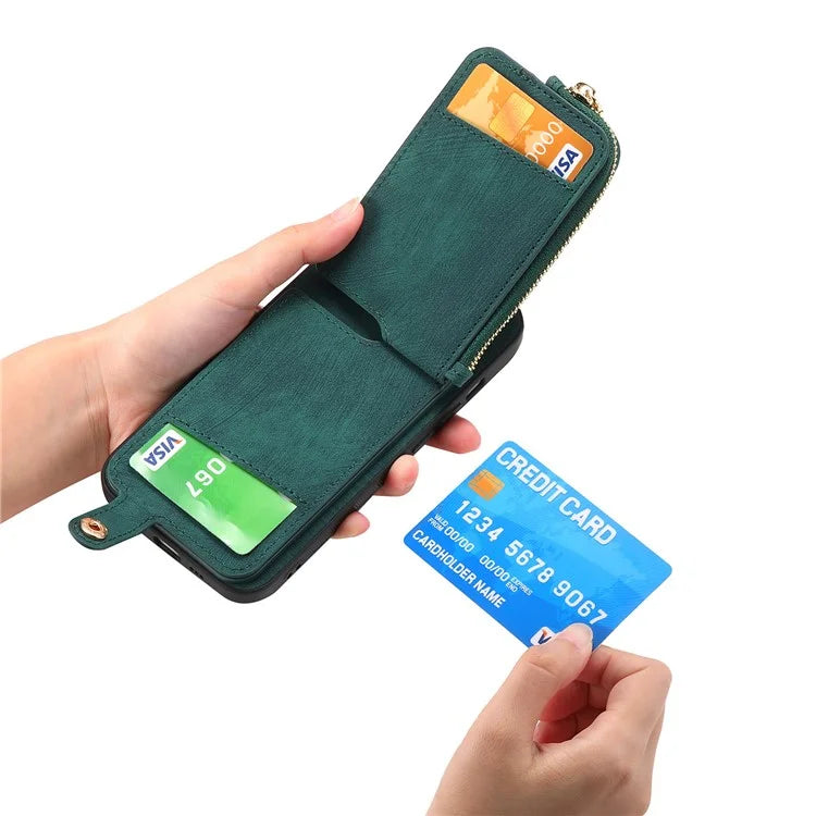For iPhone 16 Plus Case Zipper Pocket Kickstand Leather Phone Back Cover