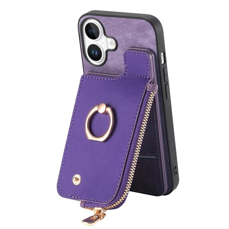 For iPhone 16 Plus Case Zipper Pocket Kickstand Leather Phone Back Cover
