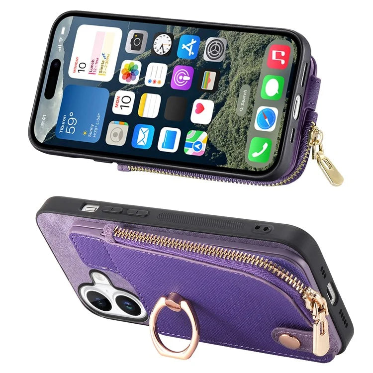 For iPhone 16 Plus Case Zipper Pocket Kickstand Leather Phone Back Cover