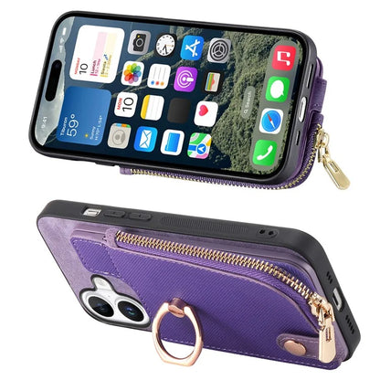 For iPhone 16 Plus Case Zipper Pocket Kickstand Leather Phone Back Cover