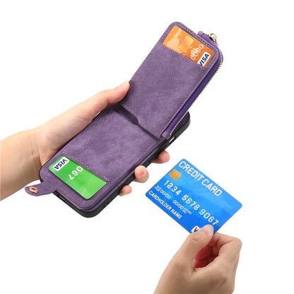 For iPhone 16 Plus Case Zipper Pocket Kickstand Leather Phone Back Cover