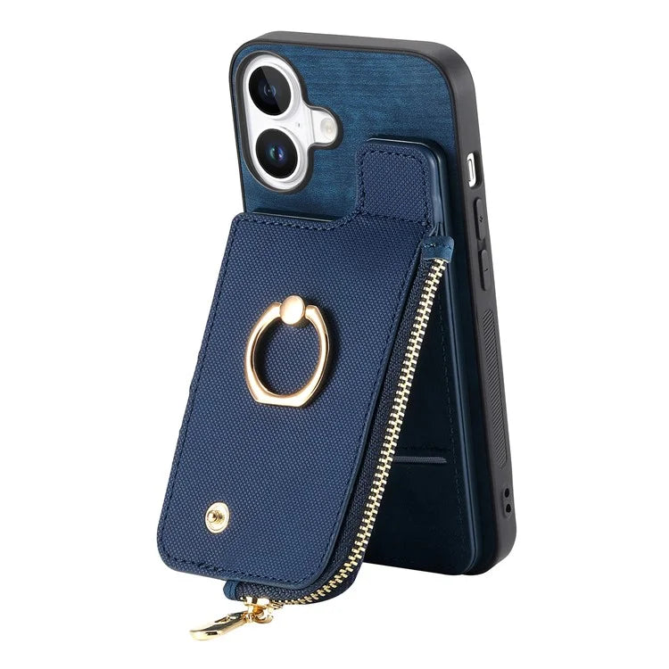 For iPhone 16 Plus Case Zipper Pocket Kickstand Leather Phone Back Cover