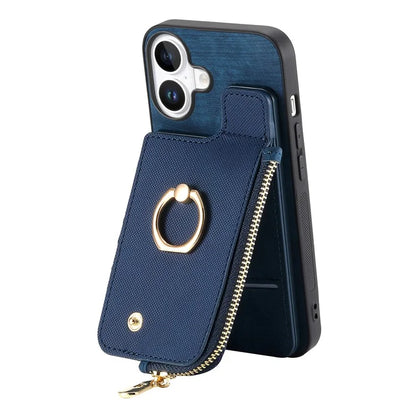 For iPhone 16 Plus Case Zipper Pocket Kickstand Leather Phone Back Cover