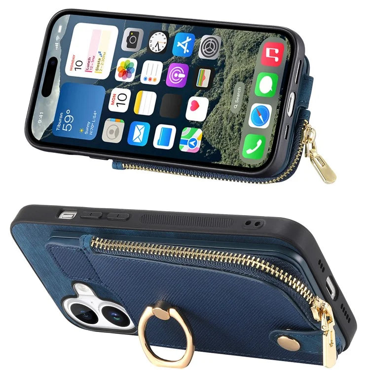 For iPhone 16 Plus Case Zipper Pocket Kickstand Leather Phone Back Cover